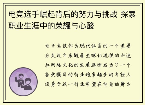 电竞选手崛起背后的努力与挑战 探索职业生涯中的荣耀与心酸